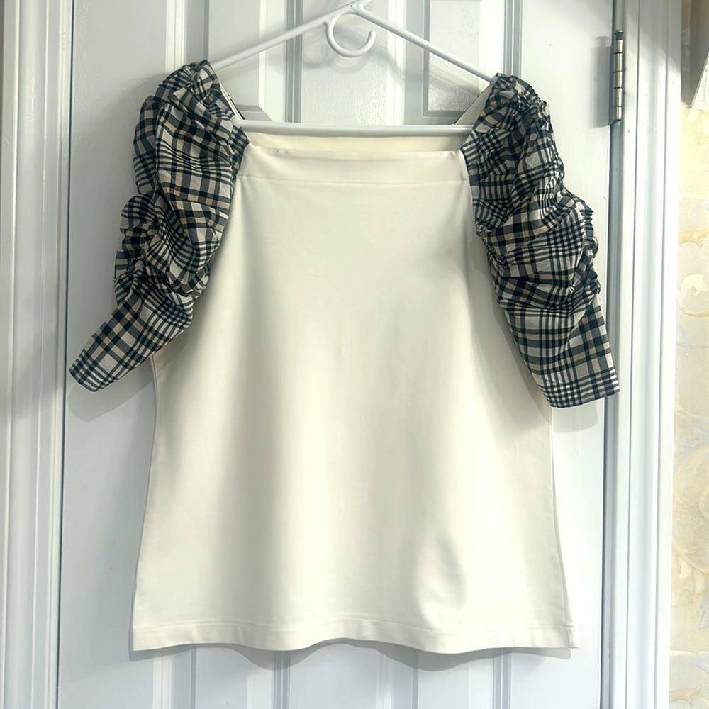 Ann Taylor Square-neck Top with Plaid Ruched Puff 1/2 Sleeves